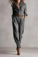 Brauner eleganter Tweed-Textur karierter Utility-Jumpsuit