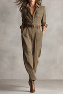 Brauner eleganter Tweed-Textur karierter Utility-Jumpsuit