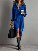 Robe midi ample en velours côtelé avec double poche poitrine et boutonnage simple