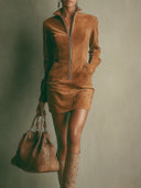 Robe mini zippée col montant en suédine marron