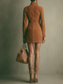 Robe mini zippée col montant en suédine marron