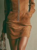Robe mini zippée col montant en suédine marron