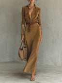 Robe maxi en daim à col à revers et boutonnage simple