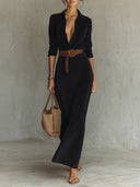 Robe maxi en daim à col à revers et boutonnage simple