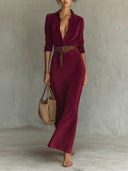 Robe maxi en daim à col à revers et boutonnage simple
