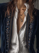 Veste longue vintage en velours polyester marine brodée