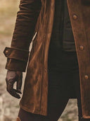 Manteau mi-long vintage en daim avec col à revers