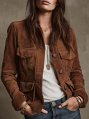 Veste vintage marron en suédine synthétique à multiples poches