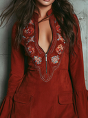 Robe mini vintage en suédine rouge rouille avec manches cloche brodées et dentelle