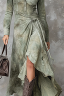Rochie maxi subțire din piele întoarsă, verde salvie vintage, cu buzunar și imprimeu tie-dye