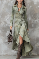 Rochie maxi subțire din piele întoarsă, verde salvie vintage, cu buzunar și imprimeu tie-dye