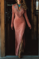 Abito lungo rosa in finta pelle scamosciata con ricamo e nappine in stile western vintage