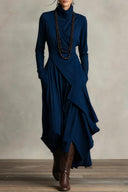 Vestido Maxi Roxo com Gola Alta, Assimétrico e Plissado