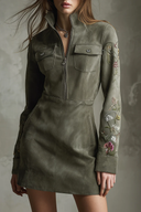 Rochie mini verde din piele întoarsă sintetică, brodată, cu fermoar pe jumătate