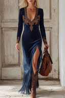 Abito lungo etnico con ricamo, spacco, nappine, in camoscio sintetico blu navy