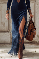 Abito lungo etnico con ricamo, spacco, nappine, in camoscio sintetico blu navy