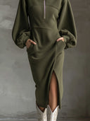 Vestido midi de forro polar suave con mangas tipo linterna, cremallera frontal y abertura lateral