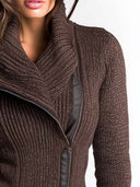 Veste marron asymétrique en maille côtelée avec fermeture éclair