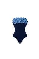Blue 3D Floral Strapless Swimsuit