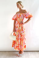 Andrea Printet Off-shoulder Puffærme Lagdelt Maxi-kjole