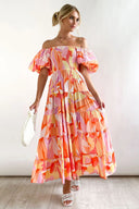 Andrea Printet Off-shoulder Puffærme Lagdelt Maxi-kjole