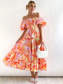Andrea Printet Off-shoulder Puffærme Lagdelt Maxi-kjole