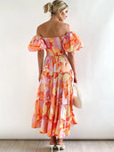 Andrea Printet Off-shoulder Puffærme Lagdelt Maxi-kjole