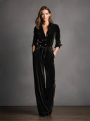 Damen-Jumpsuit aus schwarzem Samt mit Schnürung und eleganten goldenen Knöpfen