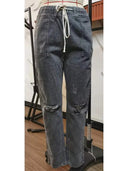 Pantaloni din denim cu talie ajustabilă și aspect uzat, pentru toamnă