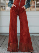 Western-Retro-Overalls mit V-Ausschnitt, Reißverschluss, rotem Kunstwildleder, weitem Bein und Quasten