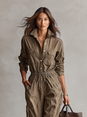Damen-Lässiger Jumpsuit mit Hemdkragen, Knöpfen und Kordelzug