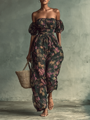 Damen-Chiffon-Jumpsuit mit Blumenmuster, Bandeau, kurzen Ärmeln und Taillierung