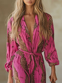 Lässiger weiter Jumpsuit aus rotem Chiffon mit Leopardenmuster und langen Ärmeln