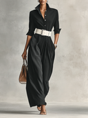 Damen-Jumpsuit mit Revers, einreihig, langen Ärmeln und Gürtel
