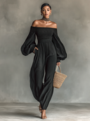 Damen-schulterfreier Jumpsuit mit langen Ärmeln und plissiertem Stoff