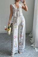 Tie-Up Vest & Wide-Leg Pants Set – Sky Blue Print