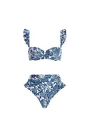 Blue Dragonfly Print Ruffle Bikini Set