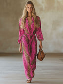 Lässiger weiter Jumpsuit aus rotem Chiffon mit Leopardenmuster und langen Ärmeln