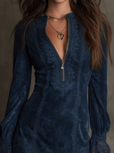 Vestido corto vintage azul con encaje y ante