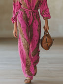 Lässiger weiter Jumpsuit aus rotem Chiffon mit Leopardenmuster und langen Ärmeln