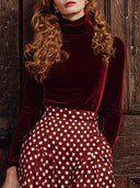 Vintage Bordo Kadife Balıkçı Yaka Uzun Kollu Tişört Puantiyeli Cepli Etek Takımı