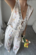 Tie-Up Vest & Wide-Leg Pants Set – Sky Blue Print