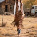 Damen Country Boho Lederfransenrock