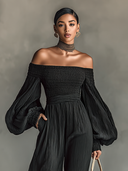 Damen-schulterfreier Jumpsuit mit langen Ärmeln und plissiertem Stoff