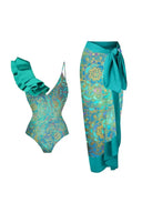 Boho zwempak met ruches en print set