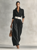 Damen-Jumpsuit mit Revers, einreihig, langen Ärmeln und Gürtel