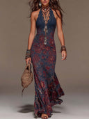 Vestido comprido retro com padrão floral, decote halter em renda e corte sereia