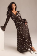 Vestido maxi com decote em V e padrão de bolinhas