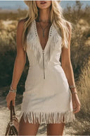 Vintage-Minikleid im Western-Stil mit V-Ausschnitt und Fransen