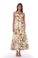 Cremefarbenes Midikleid mit Blumenmuster und Korsett-Bustier